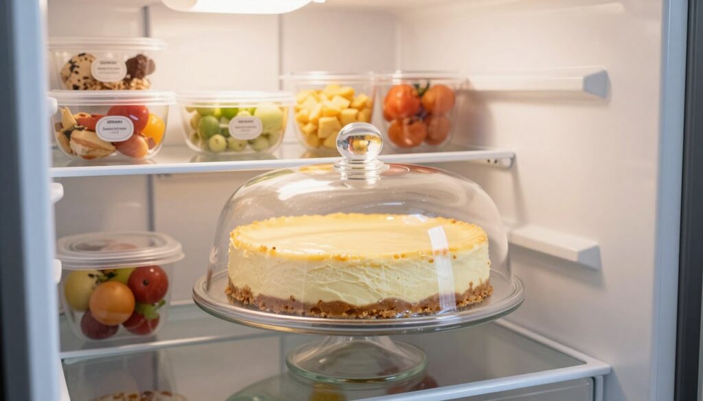 A beautifully organized refrigerator interior showcasing a classic cheesecake on a glass cake stand, expertly covered with a pristine, clear food dome to prevent it from absorbing odors. The foreground features the cheesecake, with its creamy surface and graham cracker crust glistening under soft, warm white light. In the middle, shelves neatly stocked with various food items, each in labeled containers, emphasizing an organized storage environment. The background shows the refrigerator door slightly open, revealing a soft glow from the interior light. The atmosphere is fresh and inviting, suggesting a clean and odor-free space perfect for preserving desserts. Capture this scene with a slightly elevated angle, ensuring a clear focus on the cheesecake's details while providing a glimpse of the refrigerator's organized interior. A beautifully organized refrigerator interior showcasing a classic cheesecake on a glass cake stand, expertly covered with a pristine, clear food dome to prevent it from absorbing odors. The foreground features the cheesecake, with its creamy surface and graham cracker crust glistening under soft, warm white light. In the middle, shelves neatly stocked with various food items, each in labeled containers, emphasizing an organized storage environment. The background shows the refrigerator door slightly open, revealing a soft glow from the interior light. The atmosphere is fresh and inviting, suggesting a clean and odor-free space perfect for preserving desserts. Capture this scene with a slightly elevated angle, ensuring a clear focus on the cheesecake's details while providing a glimpse of the refrigerator's organized interior.