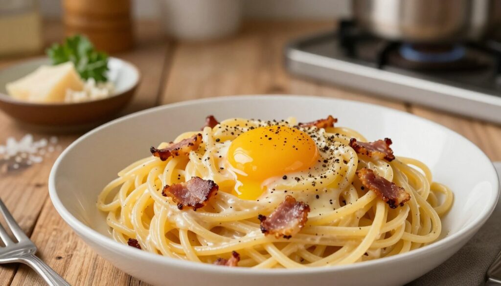 A beautifully plated bowl of spaghetti carbonara, showcasing al dente pasta twirled with rich, creamy sauce, speckled with crispy guanciale and a sprinkle of fresh black pepper. The foreground features the vibrant yellow of perfectly beaten eggs mixed in, creating a glossy finish on the noodles. In the middle, a rustic wooden table provides a cozy backdrop, adorned with a small dish of grated Pecorino Romano cheese and a sprig of fresh parsley for garnish. Soft, warm lighting gently illuminates the dish, creating a inviting and comforting atmosphere. The background is subtly blurred, suggesting a kitchen setting with hints of cooking utensils and a pot on the stove. The overall mood is homey and delicious, inviting the viewer to savor the classic flavors of spaghetti carbonara. A beautifully plated bowl of spaghetti carbonara, showcasing al dente pasta twirled with rich, creamy sauce, speckled with crispy guanciale and a sprinkle of fresh black pepper. The foreground features the vibrant yellow of perfectly beaten eggs mixed in, creating a glossy finish on the noodles. In the middle, a rustic wooden table provides a cozy backdrop, adorned with a small dish of grated Pecorino Romano cheese and a sprig of fresh parsley for garnish. Soft, warm lighting gently illuminates the dish, creating a inviting and comforting atmosphere. The background is subtly blurred, suggesting a kitchen setting with hints of cooking utensils and a pot on the stove. The overall mood is homey and delicious, inviting the viewer to savor the classic flavors of spaghetti carbonara.
