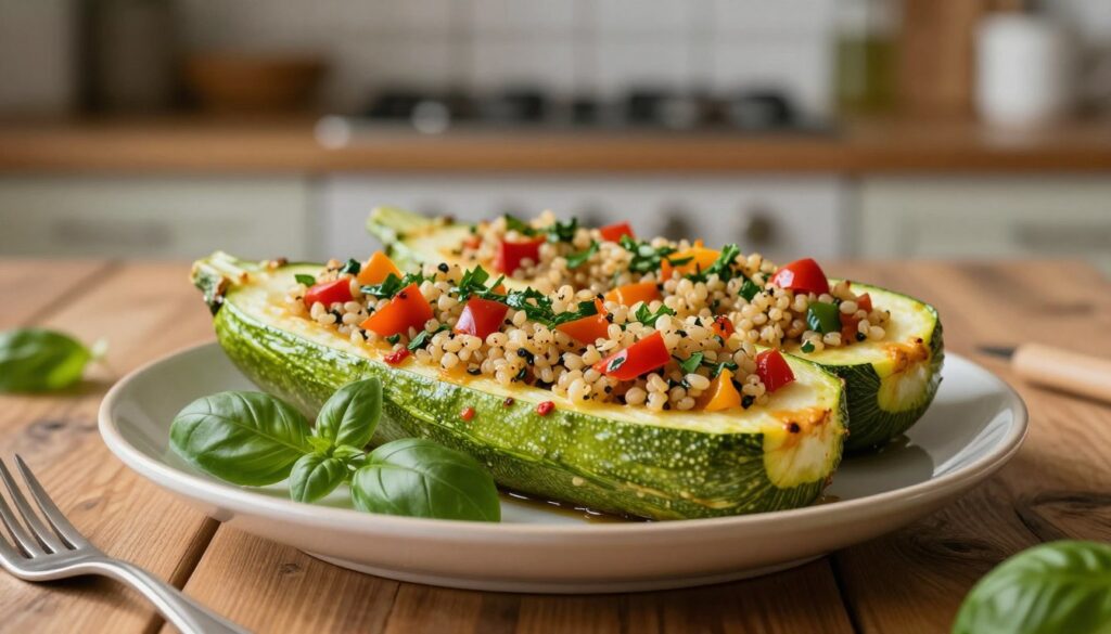 A beautifully plated dish of baked stuffed zucchini, showcasing a golden-brown exterior, sliced in half to reveal a colorful filling of quinoa, bell peppers, and herbs. The foreground features the zucchini on a rustic wooden table, garnished with fresh basil leaves. In the background, a softly lit kitchen scene with subtle hints of cooking utensils and herbs, creating a warm and inviting atmosphere. Soft, natural lighting enhances the textures of the zucchini and filling, casting gentle shadows. The angle captures the dish from a slightly elevated perspective, emphasizing its inviting appearance. The overall mood is cozy and homey, perfect for a wholesome meal.