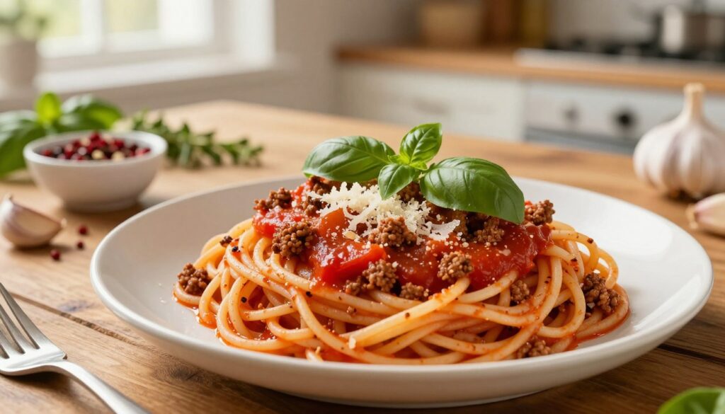 A beautifully plated dish of spaghetti with ground meat sauce, showcasing rich, vibrant colors. In the foreground, the spaghetti is twirled into an elegant nest, topped generously with a hearty, well-seasoned tomato and ground beef sauce. Fresh basil leaves and grated Parmesan sprinkle atop for added texture and freshness. In the middle ground, a rustic wooden table features a small bowl of red pepper flakes, garlic cloves, and fresh herbs, hinting at the ingredients used. The background subtly blurs, revealing a warm kitchen ambiance with soft, golden lighting streaming in from a nearby window. The scene conveys a cozy, inviting atmosphere, perfect for a cooking tutorial. The angle is slightly elevated, focusing on the dish's details while capturing the homely charm of cooking.