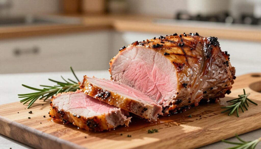 A beautifully plated roasted pork tenderloin, perfectly sliced into thick, succulent pink slices, is showcased in the foreground. Each slice glistens with moisture, revealing its juicy interior. The background features a rustic wooden cutting board with small fragments of herbs like rosemary and thyme scattered around, enhancing the freshness. Soft, natural light filters in from the side, casting gentle shadows that highlight the texture of the meat and the engraving on the board. A blurred kitchen scene in the background adds depth, with warm, inviting tones, suggesting a cozy home atmosphere. The overall mood is appetizing and inviting, perfect for a culinary setting focused on careful preparation and presentation.