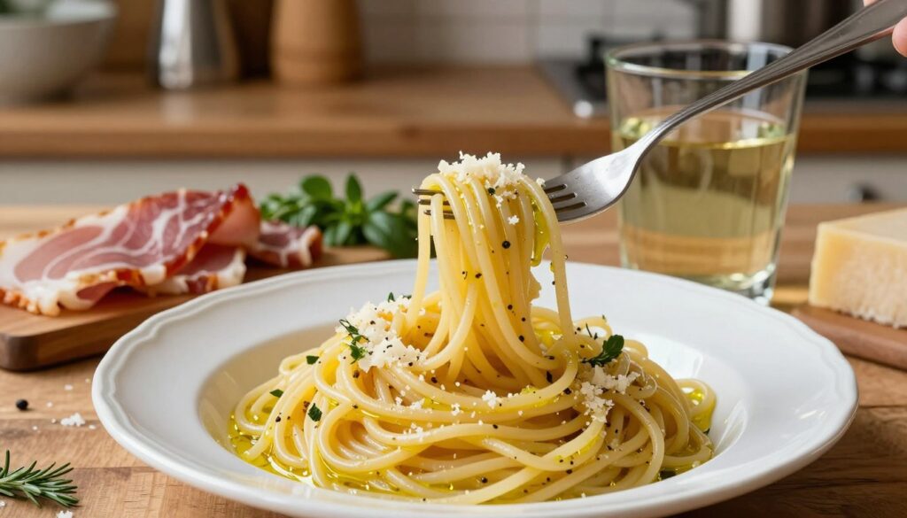 A beautifully plated serving of al dente spaghetti, glistening with a light sheen of olive oil, sits prominently in the foreground. The pasta is expertly twirled on a fork, showcasing its texture, surrounded by a sprinkle of freshly grated Parmigiano-Reggiano cheese. Beside it, a "secret" glass of pasta cooking water is subtly positioned, reflecting the soft amber hue of the kitchen light. In the middle, an array of fresh ingredients such as crisp pancetta and vibrant herbs hint at the upcoming sauce preparation. The background features a rustic wooden countertop, adorned with a few cooking utensils, creating a warm, inviting atmosphere. The scene is illuminated with natural light, enhancing the colors and textures, evoking a sense of culinary artistry and home-cooked warmth. The focus is sharp on the pasta and ingredients, suggesting a moment of flavorful anticipation. A beautifully plated serving of al dente spaghetti, glistening with a light sheen of olive oil, sits prominently in the foreground. The pasta is expertly twirled on a fork, showcasing its texture, surrounded by a sprinkle of freshly grated Parmigiano-Reggiano cheese. Beside it, a "secret" glass of pasta cooking water is subtly positioned, reflecting the soft amber hue of the kitchen light. In the middle, an array of fresh ingredients such as crisp pancetta and vibrant herbs hint at the upcoming sauce preparation. The background features a rustic wooden countertop, adorned with a few cooking utensils, creating a warm, inviting atmosphere. The scene is illuminated with natural light, enhancing the colors and textures, evoking a sense of culinary artistry and home-cooked warmth. The focus is sharp on the pasta and ingredients, suggesting a moment of flavorful anticipation.