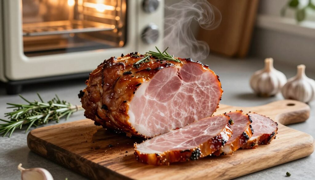 A beautifully roasted szynka parowa (steamed ham) displayed on a rustic wooden cutting board, glistening with a rich glaze. The foreground features the ham sliced, revealing its succulent, juicy interior with herbs and spices sprinkled on top. The middle ground includes a dimly lit kitchen scene, with steam rising gently from a nearby countertop steam oven, casting a warm glow. In the background, softly blurred, are fresh ingredients like garlic, rosemary, and a few sprigs of thyme, adding a touch of greenery. The overall mood is inviting and homey, evoking the comfort of a family meal. Soft, natural lighting highlights the textures of the meat, emphasizing its mouthwatering quality. Angle the shot slightly from above to enhance depth and focus on the ham.