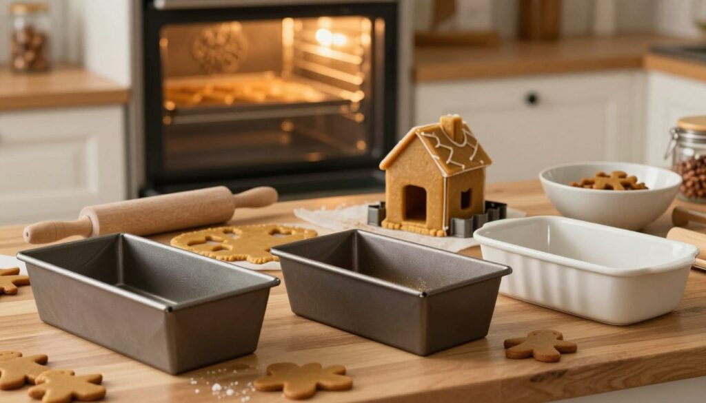 A beautifully staged kitchen scene featuring a variety of baking pans for gingerbread, including a standard metal loaf pan, a decorative gingerbread house mold, and a ceramic dish. In the foreground, the pans are arranged on a wooden countertop, showcasing the texture of the materials. The middle ground captures a rolling pin and a bowl of gingerbread dough, with pieces of dough cut into festive shapes. In the background, a warm, inviting oven is slightly ajar, emitting soft golden light, highlighting the baking process. The scene is styled in cozy autumn tones with hints of spices in jars. The atmosphere is inviting and homely, evoking the joy of holiday baking. The composition has a shallow depth of field, softening the background while keeping the pans clear and in focus.