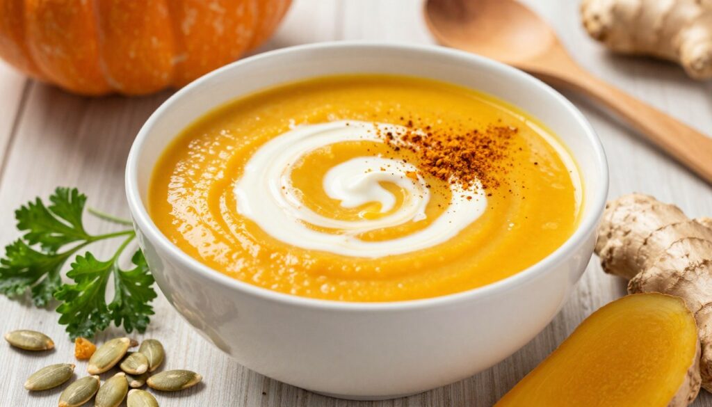 A beautifully styled bowl of creamy pumpkin soup is the central focus, surrounded by vibrant, colorful garnishes. In the foreground, scattering of toasted pumpkin seeds, a sprinkle of fresh parsley, and a slice of ginger root add crunch and contrast. The middle layer features smooth cream swirling atop the soup, creating an inviting texture, while a dusting of curry powder adds warmth. In the background, softly blurred kitchen elements like wooden spoons and spices suggest cooking without distracting from the soup. Warm, soft lighting bathes the scene, evoking a cozy, inviting atmosphere, and the angle captures the bowl from slightly above, highlighting the contrasting colors and textures of the ingredients, creating an appetizing visual feast.