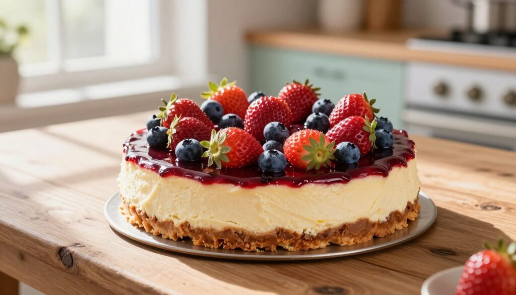 A beautifully styled cheesecake sitting elegantly on a rustic wooden table, topped with a glossy layer of vivid berry glaze and adorned with fresh, plump strawberries and blueberries. The cheesecake has a creamy texture, with a golden-brown crust that contrasts beautifully with the fruit toppings. Soft, natural sunlight filters through a nearby window, casting gentle shadows on the table, creating a warm and inviting atmosphere. In the background, a blurred kitchen scene adds depth, featuring soft pastel colors and hints of kitchen utensils. The angle is from slightly above, showcasing the vibrant colors of the toppings against the rich creaminess of the cheesecake, emphasizing the deliciousness and elegance of the dessert. The mood is inviting and indulgent, perfect for a dessert display.