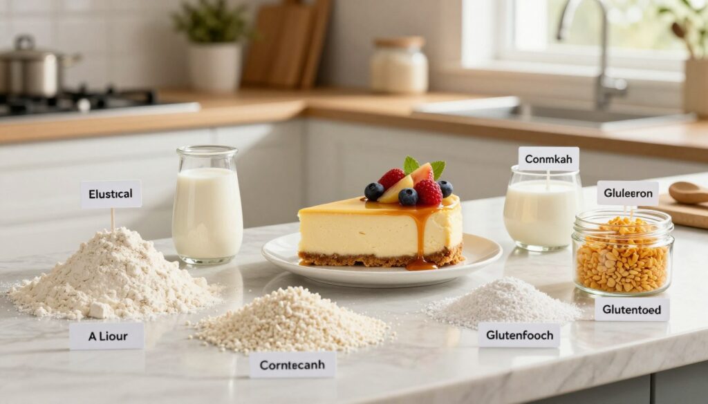A beautifully styled kitchen countertop featuring a variety of cheesecake ingredients for a visual guide on selecting the right additives. In the foreground, there are different types of flour and starches arranged artfully, including all-purpose flour, cornstarch, and gluten-free options, each labeled for clarity. A creamy cheesecake sits in the middle, garnished with fresh fruits and a drizzle of caramel, highlighting its texture and appeal. The background features a softly blurred kitchen setting with natural light streaming through a window, creating a warm, inviting atmosphere. The scene captures a sense of culinary creativity, emphasizing the importance of ingredient selection for achieving the desired cheesecake consistency. Use a warm color palette and ensure a focus on the ingredients, keeping the mood professional yet inviting.