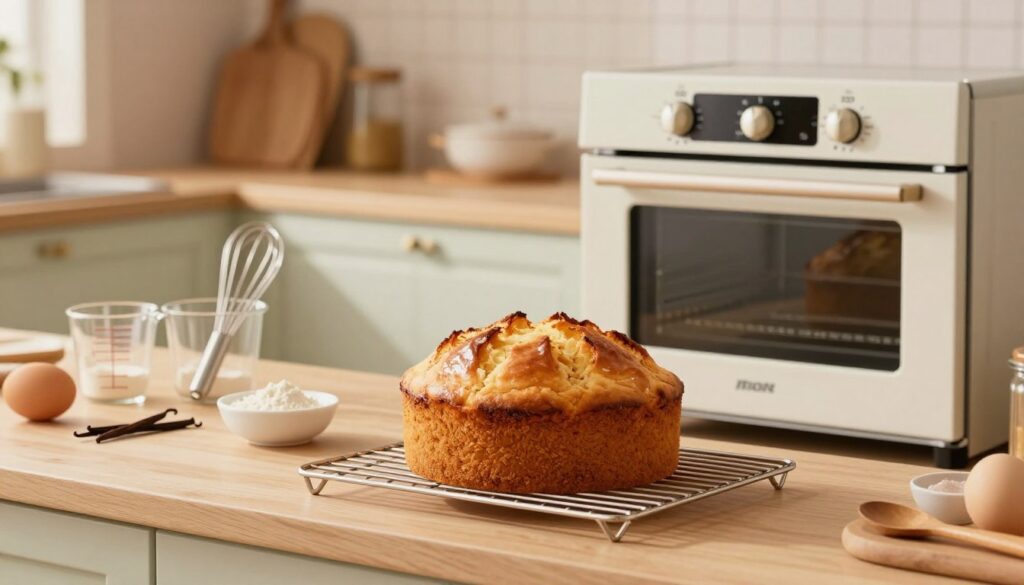 A beautifully styled kitchen scene focused on a modern oven with the temperature dial prominently featuring temperatures around 350°F (175°C). In the foreground, a freshly baked cake sits atop a wooden cooling rack, its golden-brown crust glistening under soft warm lighting, emphasizing its inviting appearance. In the middle ground, an organized countertop displays baking essentials: measuring cups, a whisk, and flour, accentuated by small bowls of ingredients such as eggs and vanilla. The background reveals an elegant kitchen setting, adorned with warm wood tones and soft pastel colors. The overall mood is warm and inviting, suggesting the comforting atmosphere of home baking. Utilize a soft-focus lens effect to give a dreamy quality, enhancing the focus on the cake while keeping the kitchen setting harmonious and aesthetically pleasing. A beautifully styled kitchen scene focused on a modern oven with the temperature dial prominently featuring temperatures around 350°F (175°C). In the foreground, a freshly baked cake sits atop a wooden cooling rack, its golden-brown crust glistening under soft warm lighting, emphasizing its inviting appearance. In the middle ground, an organized countertop displays baking essentials: measuring cups, a whisk, and flour, accentuated by small bowls of ingredients such as eggs and vanilla. The background reveals an elegant kitchen setting, adorned with warm wood tones and soft pastel colors. The overall mood is warm and inviting, suggesting the comforting atmosphere of home baking. Utilize a soft-focus lens effect to give a dreamy quality, enhancing the focus on the cake while keeping the kitchen setting harmonious and aesthetically pleasing.