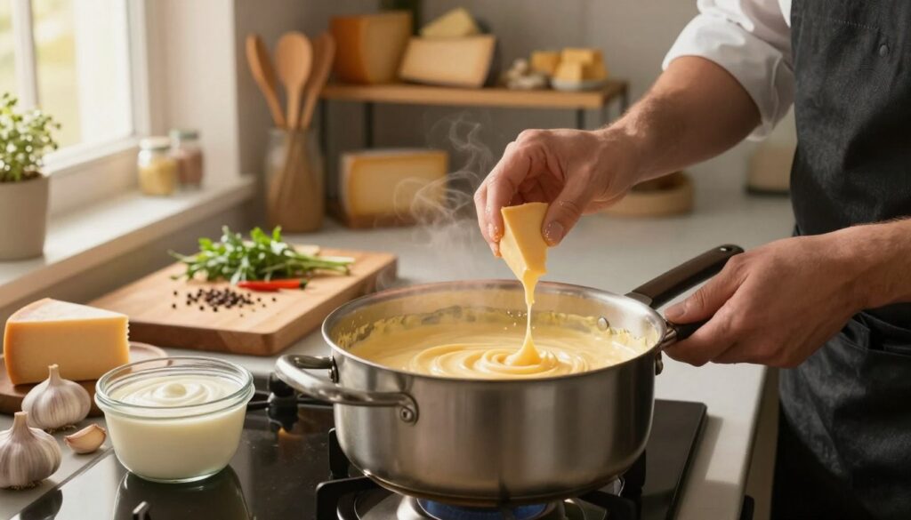 A beautifully styled kitchen scene where a chef is preparing a creamy cheese sauce for pasta. In the foreground, a pot simmers on the stove, filled with a rich, smooth cheese sauce, glistening under soft, warm lighting. Fresh ingredients like grated cheese, garlic cloves, and a small pot of cream are neatly arranged around the pot, emphasizing the step-by-step process. The middle ground features a wooden cutting board with herbs and spices, hinting at flavors being added. In the background, shelves are lined with various cheese types and utensils. Soft, diffused sunlight streams through a window, creating a cozy and inviting atmosphere conducive to cooking. The overall mood is warm and comforting, ideal for culinary inspiration.