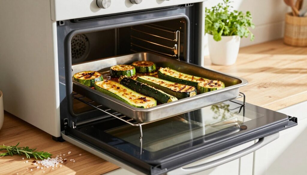 A bright, airy kitchen featuring a modern oven with the door slightly open, showcasing a tray of beautifully roasted zucchini inside. The zucchini, golden-brown and perfectly caramelized, sit on a grilling rack to allow moisture to escape. In the foreground, a rustic wooden countertop is scattered with coarse sea salt and fresh herbs. Natural light floods the scene, casting soft shadows that enhance the textures of the vegetables and kitchen surfaces. There is a hint of greenery from potted herbs in the background, complementing the warm tones of the oven and food. The overall atmosphere feels inviting and homey, emphasizing the joy of cooking healthy vegetables while avoiding excess moisture.