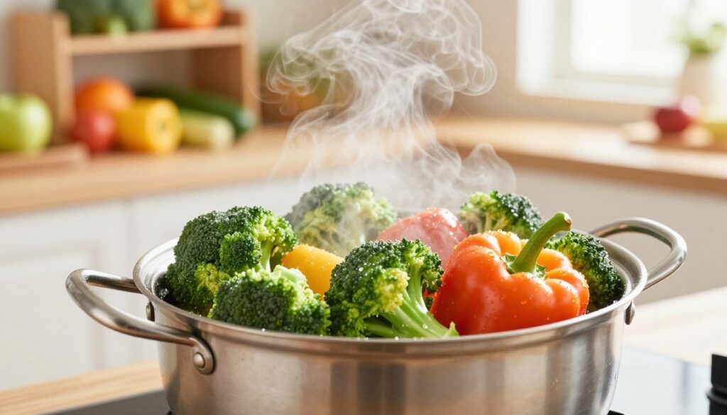 A bright, inviting kitchen with a steaming pot on the stove, showcasing the process of cooking vegetables in a steam basket. In the foreground, vibrant green broccoli and colorful bell peppers are gently steaming, droplets of water glistening on their surfaces, signifying freshness. The middle ground should highlight a close-up of the steam rising, creating a soft focus effect, emphasizing the gentle cooking method that preserves vitamin C. In the background, softly blurred shelves filled with fresh fruits and vegetables add depth, while warm, natural light bathes the scene, creating a cozy atmosphere. The composition should evoke a sense of health and well-being, reflecting the importance of proper cooking techniques.