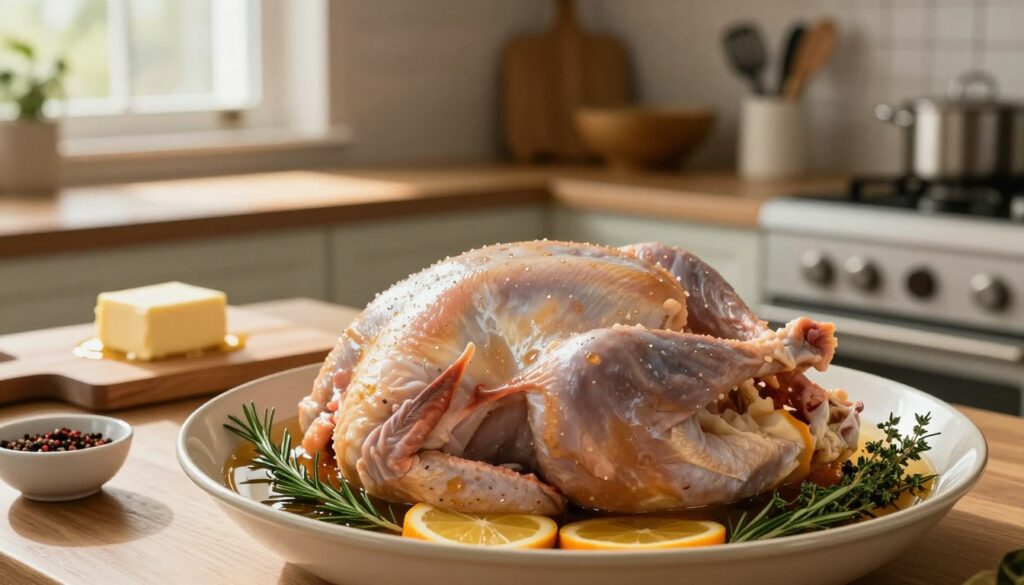 A classic kitchen scene showcasing the preparation of a succulent turkey, emphasizing ingredients and techniques for brining to ensure juiciness. In the foreground, a raw turkey sits in a large bowl filled with a golden brine, surrounded by fresh herbs like rosemary and thyme, and slices of citrus fruits. The middle ground features a wooden cutting board with melted butter and a small bowl of spices. The background reveals a cozy kitchen ambiance, with warm, natural lighting streaming through a window, casting soft shadows. A few cooking utensils are neatly arranged on the counter, enhancing the culinary atmosphere. The image captures a sense of anticipation and warmth, ideal for holiday cooking preparations.