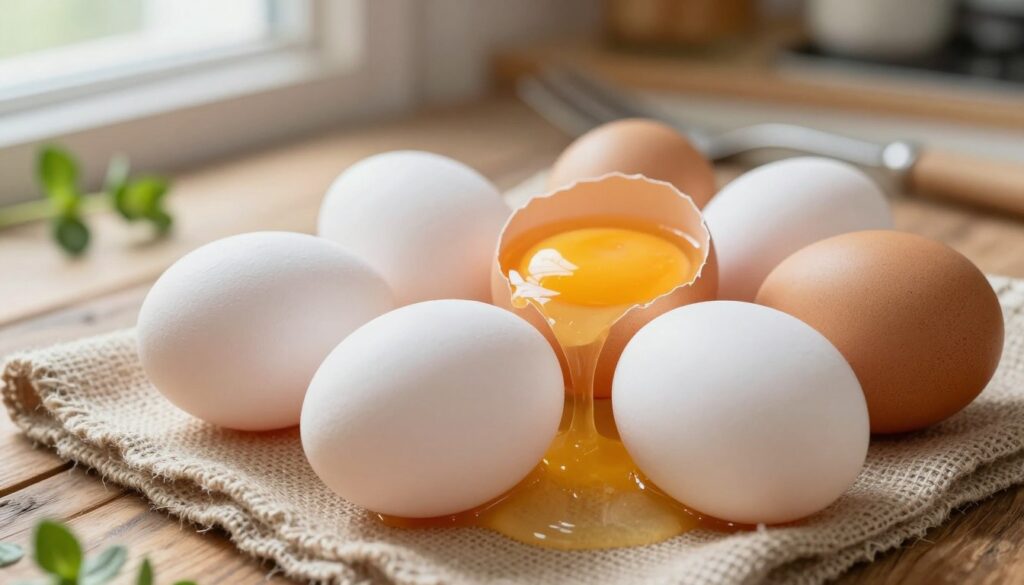 A close-up arrangement of raw eggs displayed on a rustic wooden kitchen table. The foreground features several uncracked eggs with smooth, glossy shells in shades of white and brown, resting on a textured burlap cloth. In the middle ground, an open egg with bright, golden yolk spills over, contrasting against the pale egg white, hinting at the concept of consuming raw eggs. The background softly blurs, revealing hints of kitchen utensils and fresh herbs to suggest a healthy cooking environment. Natural light filters in from a nearby window, casting gentle shadows and creating a warm, inviting atmosphere that evokes curiosity and caution. The focus is on the eggs, emphasizing their freshness and the topic of consumption risk and safety.