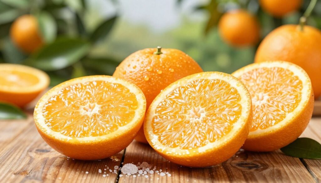 A close-up arrangement of vibrant mandarin oranges sliced open to reveal their juicy, glistening segments filled with natural sugars. Each slice showcases the bright orange flesh, decorated with tiny droplets of water, highlighting freshness. In the foreground, a few sugar granules sprinkle delicately over the mandarin slices, emphasizing the sugar content. The middle ground features a rustic wooden table that adds warmth to the scene, complementing the energy of the fruit. In the background, a soft-focus of green leaves and a blurred citrus orchard under soft, diffused daylight creates a bright and inviting atmosphere. The overall mood evokes a sense of healthiness and vitality, ideal for a diet-focused theme. Shot with a macro lens for detailed texture, angled slightly for depth.