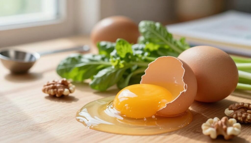 A close-up composition showcasing the nutritional values of raw eggs. In the foreground, a cracked egg with glistening golden yolk and translucent egg white, revealing its inner contents vividly. Surrounding the egg, a variety of vibrant green vegetables and small clusters of nuts illustrate additional nutrients. In the middle ground, soft light highlights a wooden surface, creating a warm and inviting atmosphere, while the background features blurred kitchen elements like measuring spoons and a recipe book, adding context without distraction. Soft, natural daylight streams in from a nearby window, creating gentle shadows and emphasizing the freshness of the ingredients. The mood is educational yet appetizing, inviting viewers to explore the health benefits of raw eggs in a safe and appealing manner.