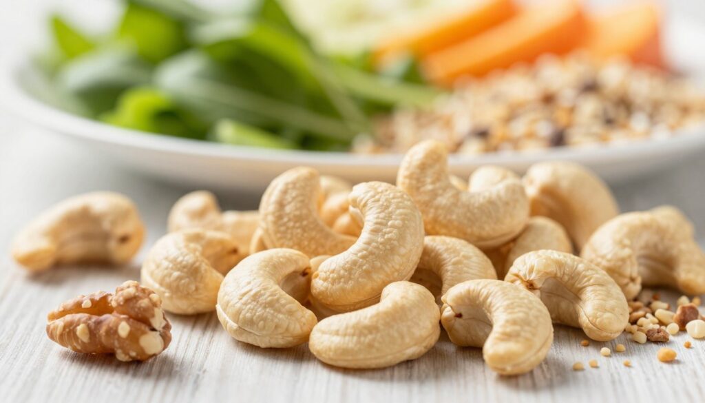 A close-up image focusing on a handful of raw cashews, richly textured and naturally creamy in color, in the forefront. Surround them with a scattering of whole and crushed nuts to add intrigue. In the background, softly blurred, a healthy meal incorporating leafy greens, fruit, and whole grains creates a nutritious, well-balanced diet scene. The lighting is bright yet soft, casting gentle shadows that highlight the cashews’ unique shapes. A light, airy atmosphere emphasizes health and wellness, inviting the viewer to reflect on nutrition's role in managing glucose levels and Type 2 diabetes. The angle is slightly overhead, giving prominence to the cashews while maintaining a holistic view of the meal. No text or branding present. A close-up image focusing on a handful of raw cashews, richly textured and naturally creamy in color, in the forefront. Surround them with a scattering of whole and crushed nuts to add intrigue. In the background, softly blurred, a healthy meal incorporating leafy greens, fruit, and whole grains creates a nutritious, well-balanced diet scene. The lighting is bright yet soft, casting gentle shadows that highlight the cashews’ unique shapes. A light, airy atmosphere emphasizes health and wellness, inviting the viewer to reflect on nutrition's role in managing glucose levels and Type 2 diabetes. The angle is slightly overhead, giving prominence to the cashews while maintaining a holistic view of the meal. No text or branding present.