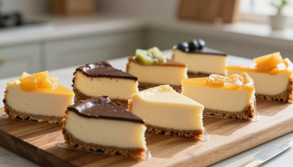 A close-up image of beautifully arranged slices of cheesecake, showcasing various flavors such as classic, chocolate, and fruit-topped. In the foreground, the cheesecake slices are on a wooden cutting board, each neatly placed in small, transparent containers, illustrating portioning for freezing. The middle ground features a few utensils like a spatula and a knife, emphasizing preparation. The background is softly blurred, hinting at a cozy kitchen setting with a warm, inviting atmosphere. Natural light streams in from a nearby window, casting gentle shadows, while the texture of the cheesecake appears rich and creamy. The overall mood conveys a sense of home and culinary care, enhancing the theme of easy portioning and efficient thawing.