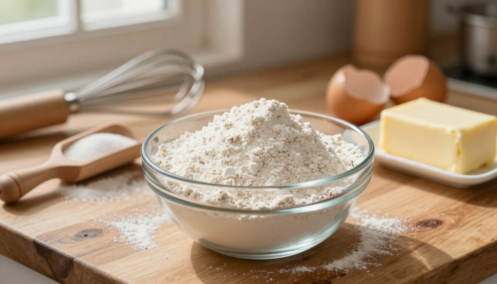 A close-up image of fine white wheat flour, specifically "mąka pszenna tortowa," displayed in a clear glass bowl, resting on a rustic wooden kitchen countertop. Surround the bowl with essential baking ingredients including granulated sugar in a wooden scoop, fresh eggs with their shells slightly cracked open, and a stick of softened butter, all artfully arranged. In the background, soft-focus kitchen tools like a whisk and measuring cups suggest a warm, inviting atmosphere. Warm natural lighting filters through a nearby window, casting gentle shadows and highlighting the texture of the flour. Capture the essence of baking in a cozy kitchen, with a depth of field that keeps the focus on the flour and ingredients, invoking a sense of culinary craftsmanship. A close-up image of fine white wheat flour, specifically "mąka pszenna tortowa," displayed in a clear glass bowl, resting on a rustic wooden kitchen countertop. Surround the bowl with essential baking ingredients including granulated sugar in a wooden scoop, fresh eggs with their shells slightly cracked open, and a stick of softened butter, all artfully arranged. In the background, soft-focus kitchen tools like a whisk and measuring cups suggest a warm, inviting atmosphere. Warm natural lighting filters through a nearby window, casting gentle shadows and highlighting the texture of the flour. Capture the essence of baking in a cozy kitchen, with a depth of field that keeps the focus on the flour and ingredients, invoking a sense of culinary craftsmanship.