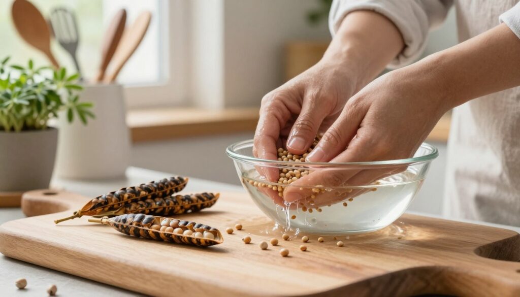A close-up image of lupin seeds being prepared for cooking. The foreground features a wooden cutting board with several dried lupin seeds, some whole and some split open to reveal their inner texture. A pair of hands wearing modest casual clothing gently rinsing the seeds in a bowl of water can be seen, showcasing the process of cleaning. In the middle ground, a kitchen setting with natural light coming through a window illuminates a collection of kitchen utensils and a small potted herb. The background showcases a blurred view of more kitchen items, creating a warm and inviting atmosphere. The scene evokes a sense of care and attention to detail in safely preparing edible lupin seeds.