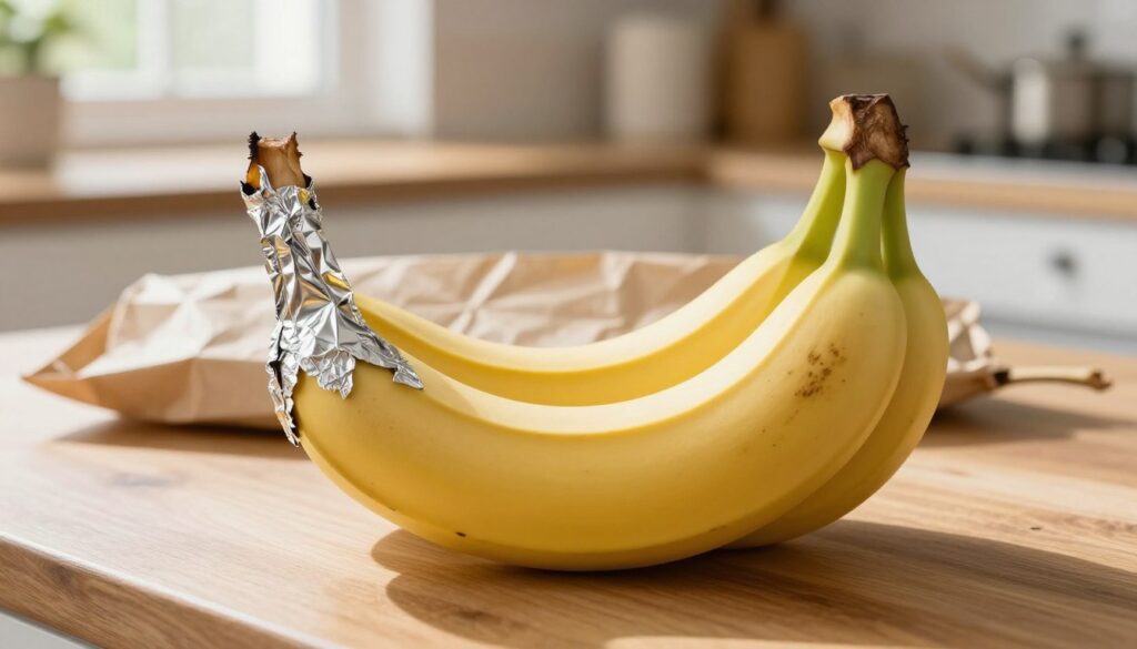 A close-up image of ripe bananas resting on a wooden kitchen counter, showcasing one banana with its stem wrapped tightly in a shiny piece of foil, emphasizing a practical trick for preservation. The foreground highlights the glossy texture of the foil, contrasting with the smooth yellow surface of the banana. In the middle ground, a soft-focus paper bag is partially shown, hinting at another method of storage. The background features a bright and airy kitchen setting, with natural sunlight streaming through a window, casting gentle shadows, creating a warm and inviting atmosphere. The overall mood is practical and informative, perfect for illustrating tips on banana storage.