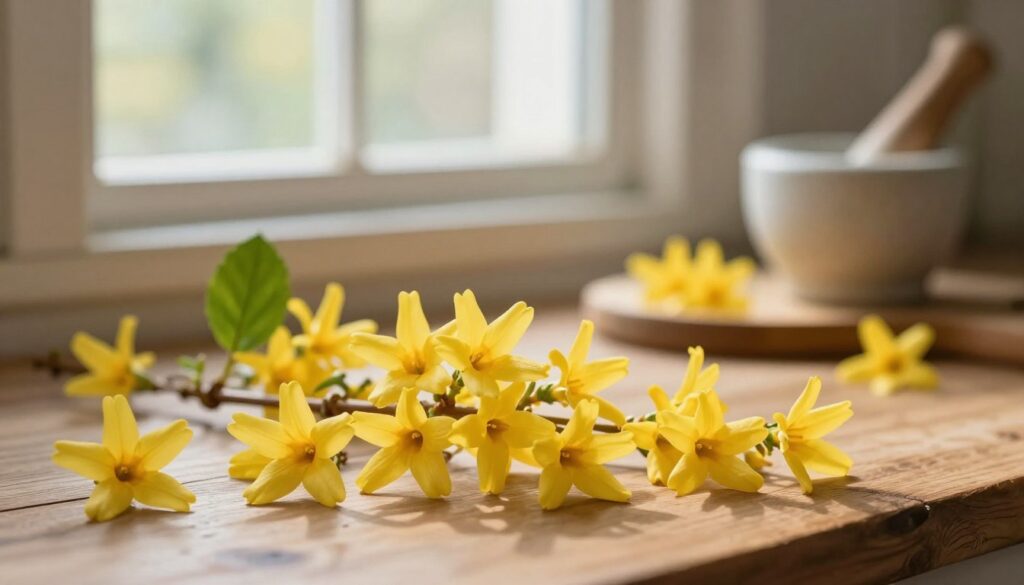 A close-up image of vibrant yellow forsythia flowers in full bloom, delicately arranged in a rustic kitchen setting. The foreground features several clusters of blossoms with their distinct elliptical petals and green leaves, showcasing their bright color and intricate details. In the middle, soft natural light filters through a nearby window, creating gentle highlights and shadows that bring warmth to the scene. The background includes a wooden table with culinary tools, such as a mortar and pestle, suggesting the flowers’ culinary applications. The overall atmosphere is inviting and serene, emphasizing the beauty and potential uses of forsythia flowers in cooking.