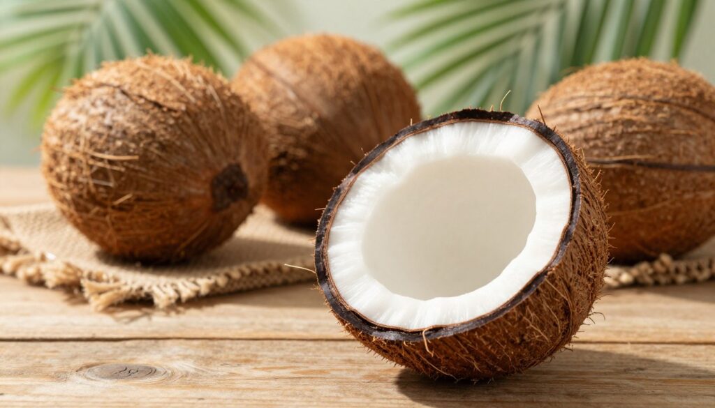 A close-up of a coconut half, revealing its white flesh and textured brown shell, placed on a wooden surface. In the background, several whole coconuts are arranged on a rustic burlap fabric, with lush green palm leaves peeking through, creating a tropical atmosphere. Soft, diffused sunlight filters through, casting gentle shadows and highlighting the details of the coconut's surface and the grain of the wood. The image captures a serene and informative mood, inviting viewers to contemplate the botanical classification of coconuts. The focus is sharp on the foreground coconut, while the background is softly blurred to emphasize the subject and create a depth of field effect, giving it a warm and inviting appeal.