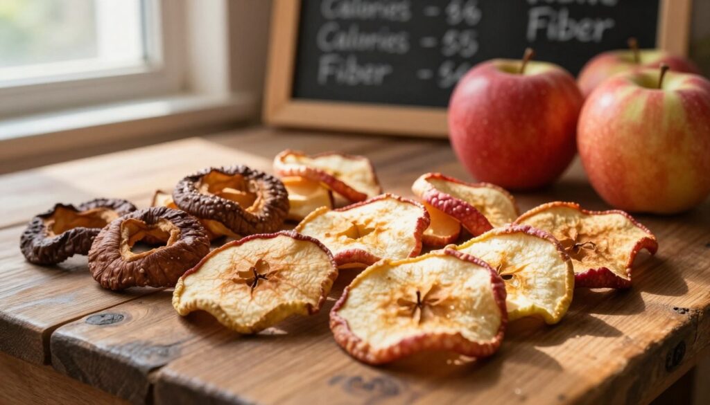 A close-up of a rustic wooden table showcasing dried apple slices arranged in an aesthetically pleasing manner, highlighting their rich colors—deep browns, golden yellows, and vibrant reds. The foreground features a handful of dried apple pieces scattered with a few whole apples in the background, emphasizing their natural shape. Soft, warm sunlight filters through a window to create a cozy atmosphere, casting gentle shadows to enhance textures. In the middle, a small chalkboard displays nutritional values, including calories and fiber content, hand-written in elegant chalk. The overall scene evokes a sense of health and wholesome living, ideal for emphasizing the nutritional benefits of dried apples without any text or distractions.