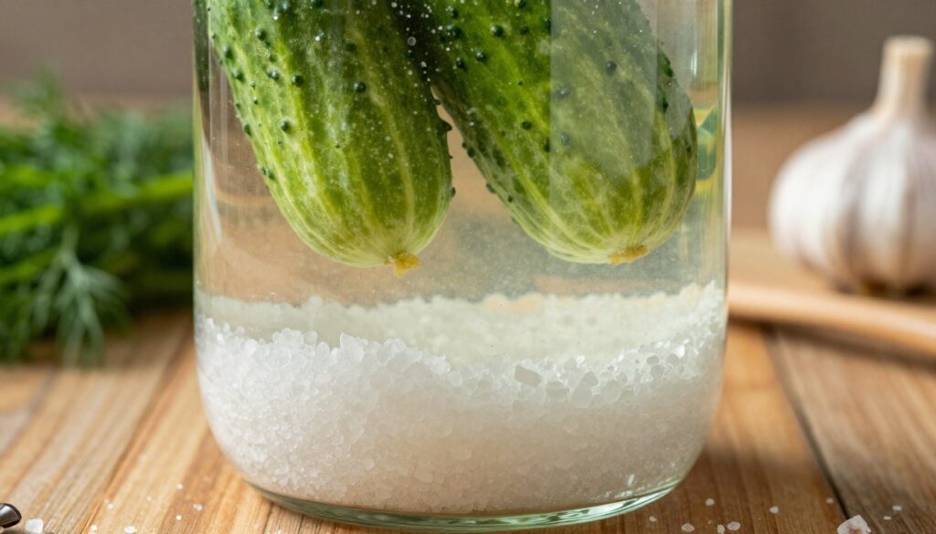 A close-up of a transparent glass jar filled with a vibrant brine solution of water and salt, showcasing the distinct layers of salt dissolving in clear water. In the foreground, coarse salt grains sparkle as they settle at the bottom, while the light refracts through the clear liquid, creating a shimmering effect. In the middle ground, fresh cucumbers subtly peeking out from the brine, adding a touch of green. The background features a rustic kitchen setting with wooden surfaces and softly blurred herbs like dill and garlic, enhancing the atmosphere of pickling. Warm, natural light illuminates the scene, giving it a cozy and inviting feel, emphasizing the importance of proper proportions in the pickling process.