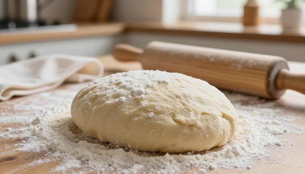 A close-up of a warm, freshly kneaded yeast dough, showing its smooth and elastic texture, is central in the foreground. The dough is generously floured, with a light dusting of white flour creating a soft, inviting scene. In the middle ground, a wooden rolling pin rests beside a partially rolled-out dough, with delicate white cloths hinting at a cozy kitchen atmosphere. The background features a softly lit kitchen setting, with hints of rustic utensils and a window letting in gentle, natural light, creating a warm and inviting mood. The focus is on the dough's elasticity and the technique of rolling, emphasizing the idea of stress-free rising. The image should evoke a sense of warmth and hominess, with no text or distractions present.