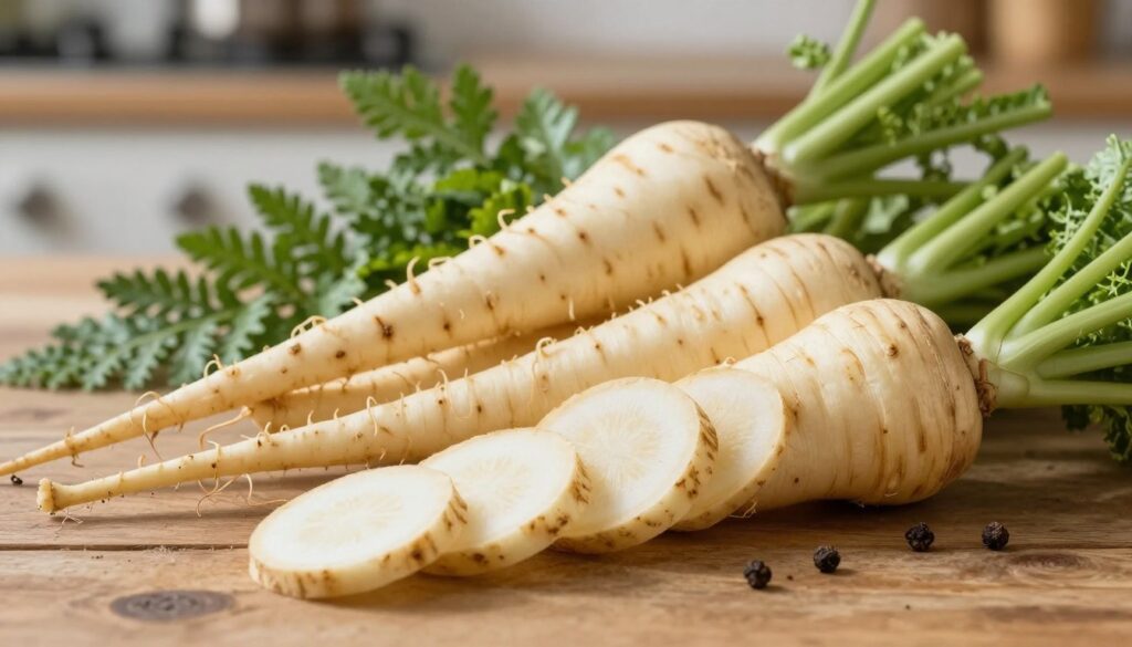 A close-up of fresh parsnips, showcasing their distinct creamy white roots with earthy textures and green fern-like leaves, arranged artfully on a rustic wooden table. In the foreground, a few sliced parsnips reveal their smooth, light-colored flesh. The middle ground features a selection of herbs and spices that complement parsnips, highlighting their culinary potential. Soft, natural lighting cascades over the scene, creating gentle shadows that enhance the organic feel. In the background, a blurred kitchen environment suggests an inviting cooking atmosphere, hinting at preparation. The overall mood is wholesome and fresh, emphasizing the nutritious properties of parsnips, enticing viewers to explore their health benefits and versatility in cooking.