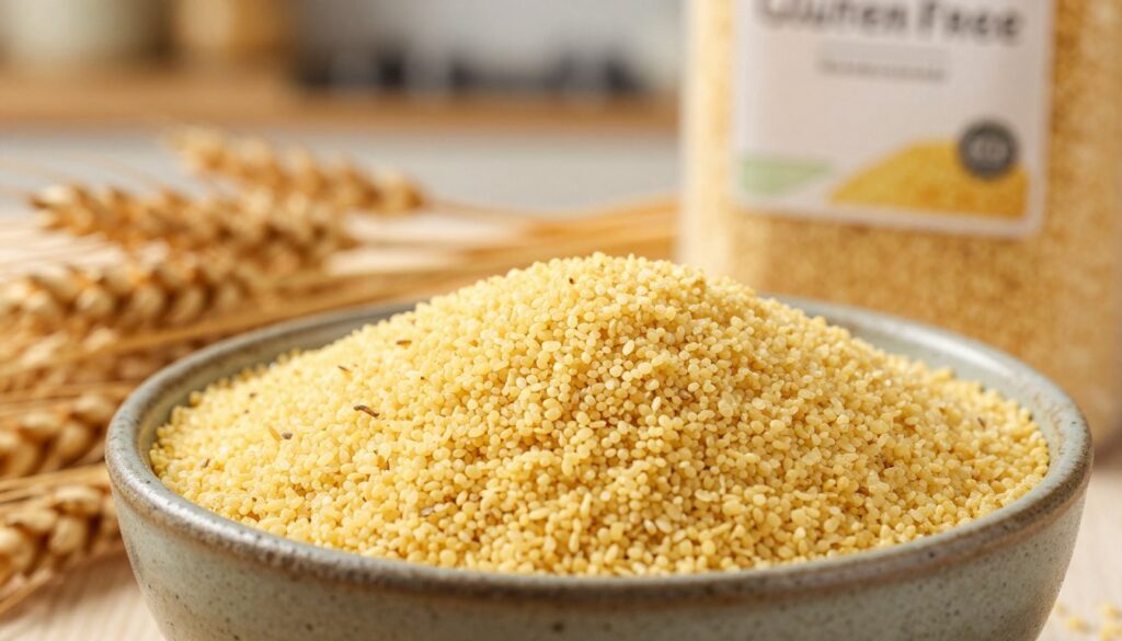 A close-up scene featuring semolina grain in a rustic bowl, with a focus on its textured surface and golden hue. Surrounding the bowl, a backdrop of soft wheat stalks to imply the grain's origin, conveying a sense of natural farming. In the background, a blurred kitchen setting with warm, inviting lighting to create a homely atmosphere. A subtle illustration of a gluten-free label can be faintly visible on a nearby package, hinting at alternatives without detracting from the main subject. The overall mood should feel warm and informative, highlighting the main question of gluten content in semolina in a visually appealing manner, captured with a shallow depth of field to emphasize the foreground elements.