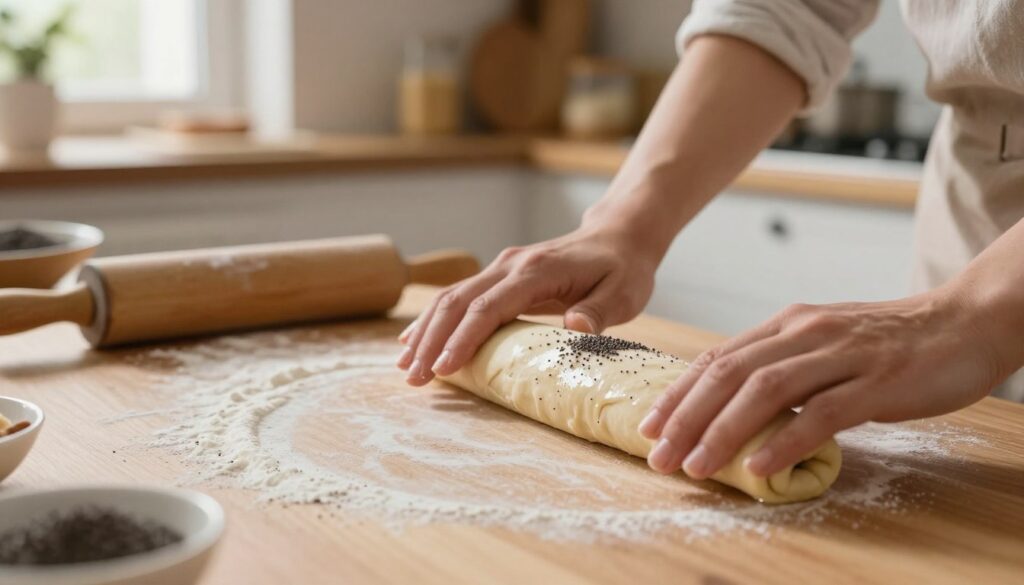 A close-up scene of a person expertly rolling a poppy seed roll (makowiec) on a wooden kitchen table. The foreground features the person's hands, gently pressing and rolling the dough, highlighting the technique of securing the edges to prevent cracking. The dough, sprinkled with finely ground poppy seeds, is glistening, suggesting a hint of moisture. In the middle, a soft-focus rolling pin and a flour-dusted surface enhance the authenticity of the baking process. The background includes a warm, inviting kitchen atmosphere with rustic shelves displaying baking ingredients. Soft, natural lighting pours in from a nearby window, creating a cozy and inviting mood that captures the essence of traditional baking techniques.