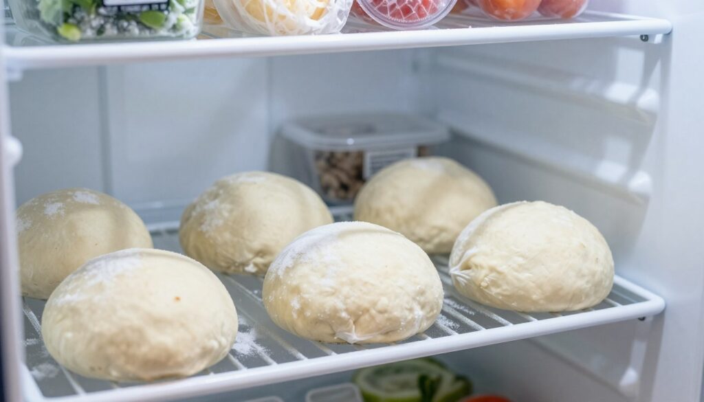 A close-up shot of a clear, well-organized freezer filled with neatly wrapped balls of pizza dough, showcasing their texture and fresh appearance in the foreground. Subtle frost patterns adorn the interior of the freezer, adding a chilly atmosphere. In the middle ground, a few labeled containers can be seen, providing a sense of order and clarity about the storage process. The background displays faint, blurred silhouettes of frozen vegetables and other food items, indicating a variety of stored produce. Soft, cool lighting enhances the crisp, cold ambiance of the scene, with a focus on the dough's smooth surface. The overall mood is informative and inviting, emphasizing the ease of freezing pizza dough while maintaining its quality.
