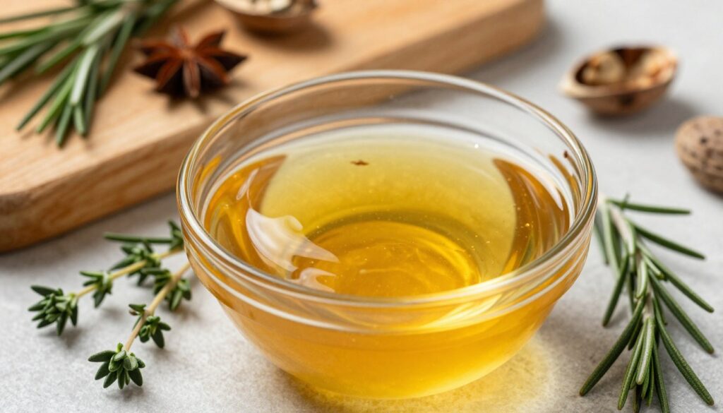 A close-up shot of a golden, rich ghee (clarified butter) in a glass bowl, with its smooth, glossy texture reflecting light. Surrounding the bowl, fresh herbs like thyme and rosemary contrast with the warm tones of the ghee. In the background, a wooden cutting board holds ingredients like spices and whole nuts, hinting at the health benefits of ghee. Soft, natural lighting casts gentle shadows, creating an inviting atmosphere. The composition showcases the vibrant color and luxurious texture of ghee, evoking a sense of health and nutrition. The angle should be slightly above eye level, focusing on the bowl in the foreground while maintaining a blurred effect on the background to draw attention to the main subject.