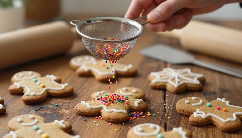 A close-up shot of a hand holding a delicate sieve, gently sprinkling colorful sprinkle decorations evenly on freshly baked gingerbread cookies arranged on a rustic wooden table. In the foreground, the focus is on the sieve and the vibrant sprinkles falling gracefully onto the cookies, creating a delightful visual effect. The middle section features beautifully shaped gingerbread cookies, decorated with white icing, contrasting against the dark wood surface. In the background, there are hints of baking tools like a rolling pin and spatula, softly out of focus, suggesting a cozy kitchen atmosphere. The lighting is warm and inviting, enhancing the textures and colors, with a soft focus to evoke a sense of warmth and creativity in holiday baking.