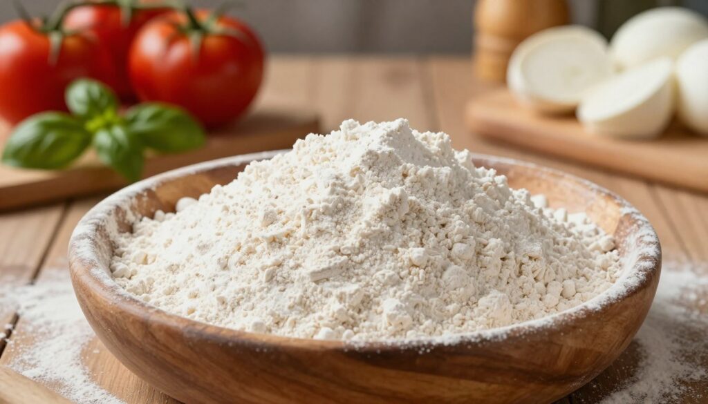 A close-up shot of fine Italian flour ideal for Roman-style pizza, displayed in an elegant wooden bowl. The flour is fluffy and pristine, illuminated by soft, natural light coming from the left, creating gentle shadows that add depth. In the background, a rustic kitchen setting features a wooden table and fresh ingredients like tomatoes, basil, and mozzarella, hinting at their use in pizza-making. The atmosphere is warm and inviting, evoking a sense of Italian culinary tradition. The scene is composed using a shallow depth of field to focus on the flour while softly blurring the background, ensuring a clean and professional look, perfect for showcasing the quintessential ingredient for Roman pizza.