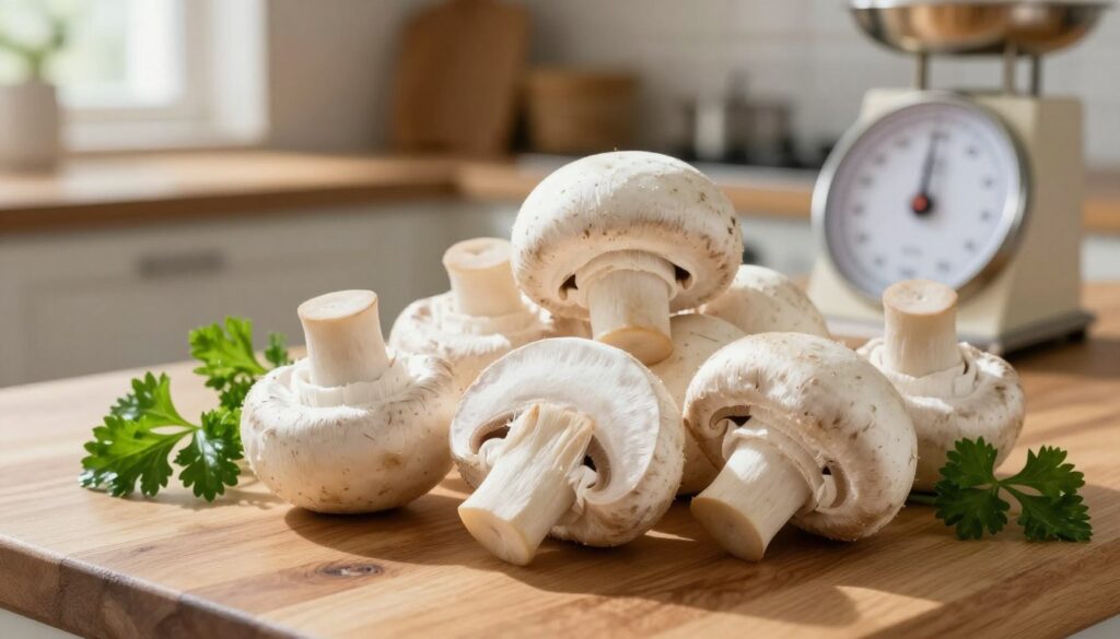 A close-up shot of fresh, whole white mushrooms (Agaricus bisporus) displayed on a wooden kitchen countertop, highlighting their smooth, white caps and delicate gills. Surrounding them are scattered sprigs of parsley and a measuring scale showing low calorie counts, emphasizing their nutritional value. Soft, natural lighting filters in from a nearby window, casting gentle shadows and creating a warm atmosphere. In the background, slightly out of focus, there are hints of a rustic kitchen setting, with wooden cabinets and kitchen utensils, giving a sense of homely health cooking. The image reflects a wholesome, nutritious vibe, ideal for illustrating the low-calorie and nutrient-rich qualities of mushrooms. A close-up shot of fresh, whole white mushrooms (Agaricus bisporus) displayed on a wooden kitchen countertop, highlighting their smooth, white caps and delicate gills. Surrounding them are scattered sprigs of parsley and a measuring scale showing low calorie counts, emphasizing their nutritional value. Soft, natural lighting filters in from a nearby window, casting gentle shadows and creating a warm atmosphere. In the background, slightly out of focus, there are hints of a rustic kitchen setting, with wooden cabinets and kitchen utensils, giving a sense of homely health cooking. The image reflects a wholesome, nutritious vibe, ideal for illustrating the low-calorie and nutrient-rich qualities of mushrooms.