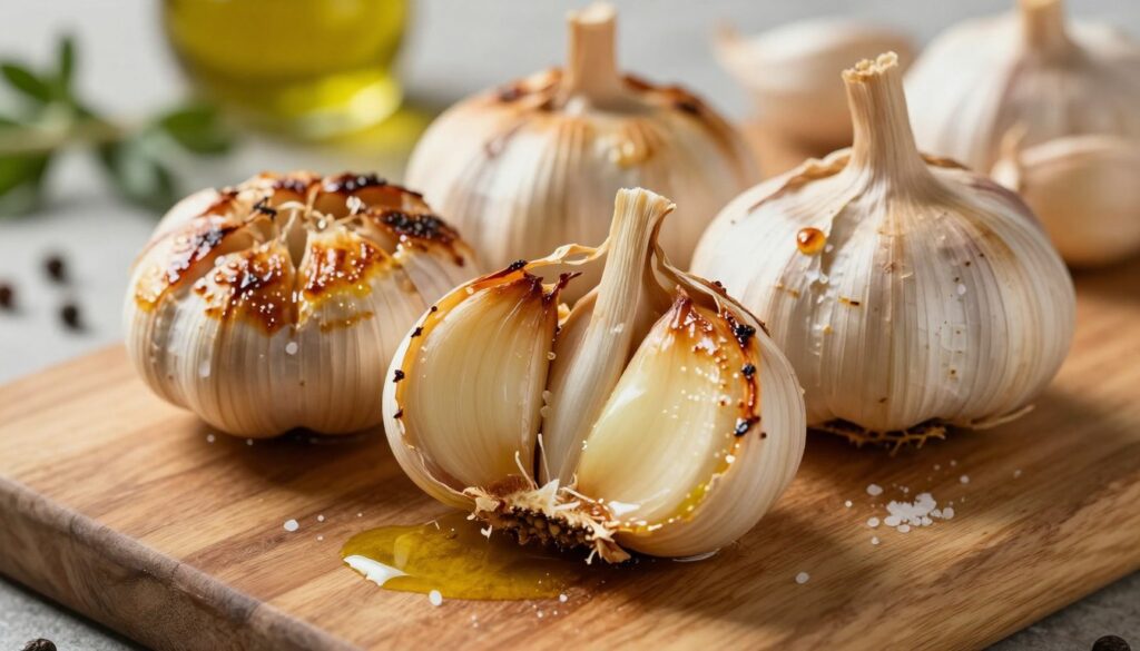 A close-up shot of roasted garlic heads, focusing on the texture of their caramelized, golden-brown skins slightly pulled back to reveal the creamy, soft cloves inside. The garlic is arranged on a rustic wooden cutting board, with a drizzle of olive oil and a sprinkle of sea salt enhancing its appeal. The background features gently blurred kitchen elements, such as herbs and spices, creating a warm, inviting atmosphere. Soft, natural lighting illuminates the scene, casting gentle shadows that highlight the garlic's intricate details. The angle is slightly above eye level, inviting the viewer to appreciate the beauty of this simple yet exquisite ingredient, perfect for making pastes and sauces.