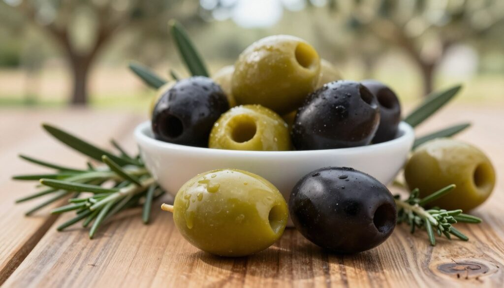 A close-up still life of green and black olives displayed elegantly on a rustic wooden table. The foreground features a vibrant green olive, shimmering with a slight sheen, nestled next to a deep, rich black olive, showcasing its smooth, glossy surface. In the middle ground, a small bowl filled with a mix of green and black olives is surrounded by fresh herbs, such as rosemary and thyme, adding a splash of color and a hint of freshness. The background consists of soft, blurred olive trees under natural sunlight, creating a serene and healthy atmosphere. The image should have warm, inviting lighting that highlights the textures and colors of the olives, while maintaining a harmonious balance that emphasizes the differences between the two types.