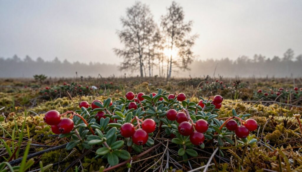 A close-up view of Vaccinium oxycoccos, commonly known as the cranberry, thriving in its natural marshy habitat in Poland. In the foreground, vibrant, round, red cranberries hang abundantly from low, green vines, showcasing their glossy texture and rich hue. The middle ground features a lush carpet of moss and underbrush typical of peat bogs, with soft, diffuse lighting creating a serene ambiance. In the background, delicate silhouettes of birch trees rise against a foggy, early morning sky, enhancing the tranquil atmosphere. This scene captures the essence of Polish wetlands, evoking a sense of peacefulness in nature. The composition should emphasize the fruits and foliage, with a soft focus that highlights their natural beauty, inviting viewers to appreciate this unique ecosystem.
