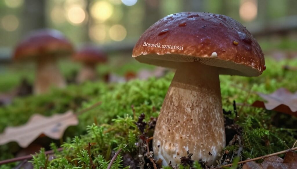 A close-up view of a "Borowik szatański" mushroom, showcasing its distinctive features. The foreground highlights the mushroom with its dark reddish-brown cap, which has a slightly glossy surface and a velvety texture. The thick, bulbous stem with a pale, slightly speckled appearance is prominently displayed. In the middle ground, a variety of forest foliage, including green moss and fallen leaves, adds depth, while soft diffused sunlight filters through the trees, creating a natural, warm atmosphere. The background features hints of other woodland elements, suggesting a typical forest environment. The overall mood is serene and informative, ideal for an educational context. Capture the image using a macro lens at a slight angle to emphasize the mushroom's unique characteristics without any distractions or overlays.