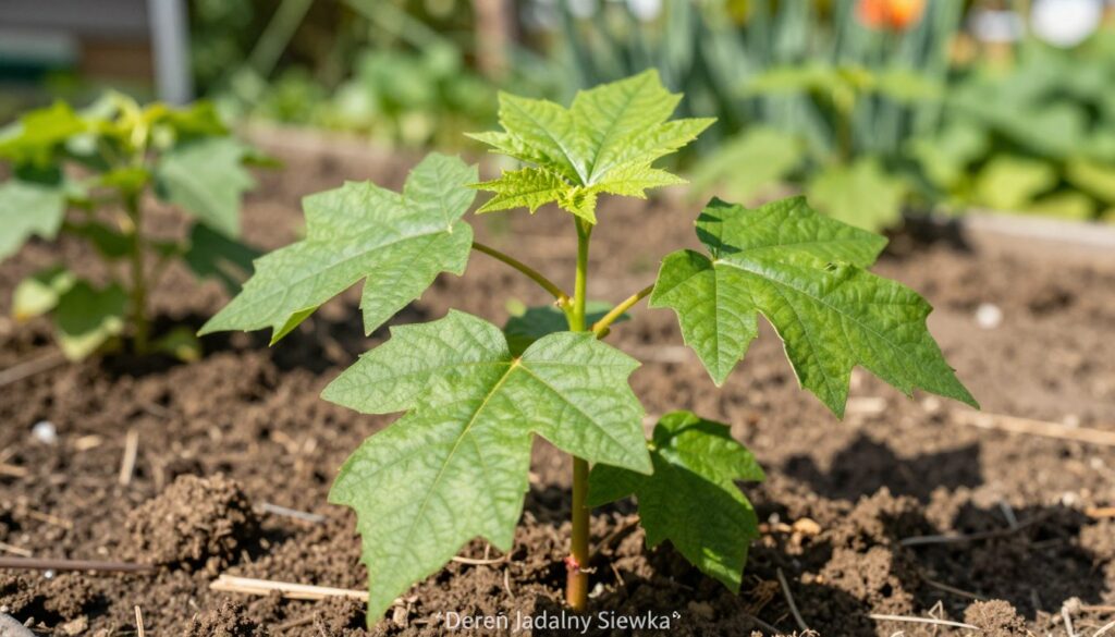 A close-up view of a "Dereń Jadalny Siewka" (Cornelian cherry seedling) in a lush garden setting. In the foreground, focus on the young vibrant green leaves with intricate details of the leaf veins and smooth surface. The middle ground features the stem of the sapling, robust and healthy, possibly reaching a height of about 3 feet, surrounded by clumps of rich, brown soil. In the background, softly blurred, there's a hint of a garden filled with various plants, giving depth and a cultivated feel to the scene. Natural sunlight bathes the sapling, casting delicate shadows, creating a warm and inviting atmosphere. The image should evoke a sense of growth, vitality, and connection to nature, capturing the essence of this unique plant variety.
