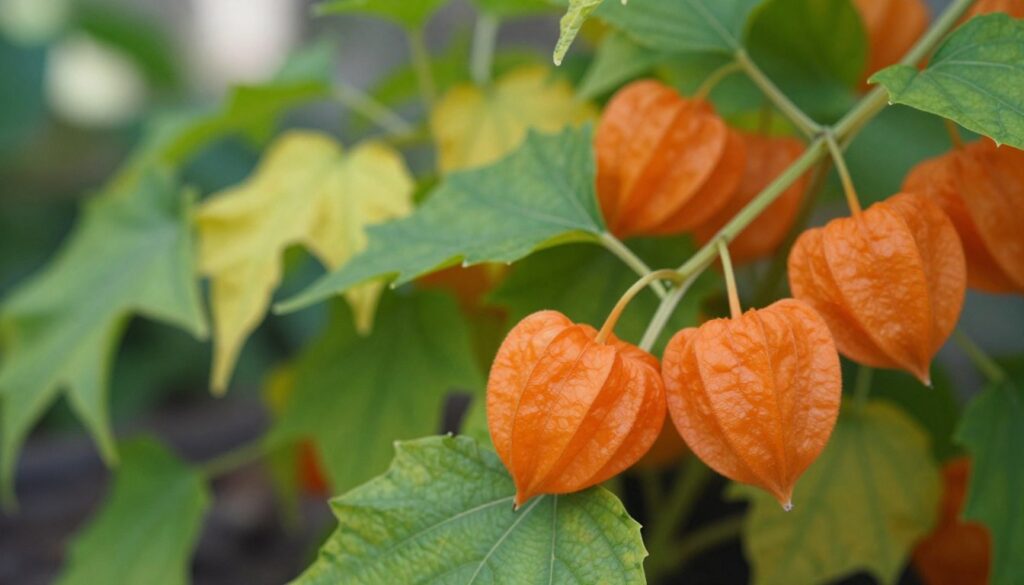 A close-up view of a Physalis alkekengi (Chinese lantern plant) featuring its round, bright orange, lantern-like fruit. In the foreground, focus on a cluster of ripe fruits gently nestled among lush green leaves. The fruit should be depicted with a slight translucence, highlighting its unique texture. The middle ground includes more foliage, with some contrasting elements of yellowing leaves to suggest the plant's seasonal changes. The background is softly blurred, suggesting a natural garden environment with dappled sunlight filtering through. The overall mood is vibrant and inviting, with an emphasis on the fruit's edibility. Use natural lighting with a shallow depth of field to create an intimate and engaging atmosphere for viewers.