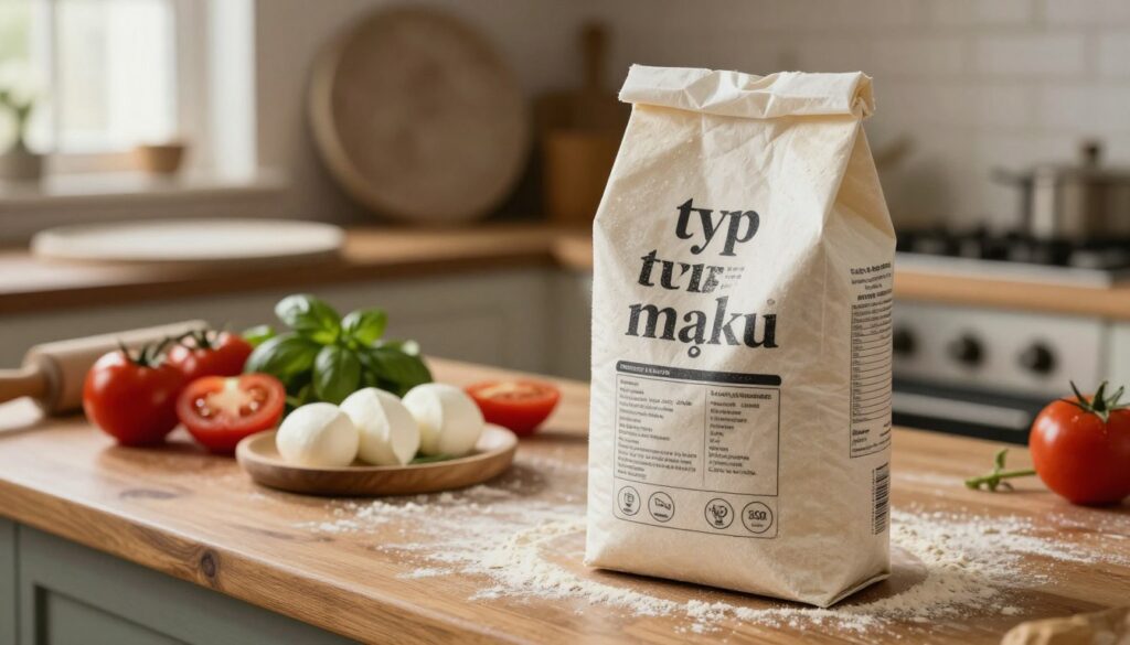 A close-up view of a bag of flour labeled "typ mąki" prominently displayed in the foreground, showcasing its nutritional information and quality indicators. Behind the bag, a rustic wooden kitchen counter is adorned with a variety of pizza-making ingredients, including fresh tomatoes, mozzarella, and basil, creating an inviting atmosphere. Soft, warm lighting from a nearby window casts gentle shadows, emphasizing the texture of the flour and the surrounding ingredients. A blurred background features a traditional pizza stone and a rolling pin, adding depth to the scene. The mood is warm and inviting, perfect for illustrating the essential parameters of flour in pizza making.
