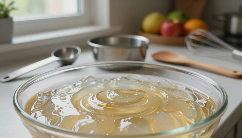 A close-up view of a clear bowl filled with shimmering gelatin, shown in the foreground. The gelatin has a smooth, wobbly texture, glistening under soft, diffused natural light coming from a nearby window. In the middle ground, there are neatly arranged tools for preparing gelatin: a measuring spoon, a small pot of warm water, and a wooden spatula, all reflecting a cozy kitchen setting. The background features a blurred kitchen countertop adorned with ingredients like fresh fruits and a whisk, emphasizing the culinary context. The atmosphere conveys a warm, inviting feel, perfect for a culinary article focused on perfecting gelatin techniques.