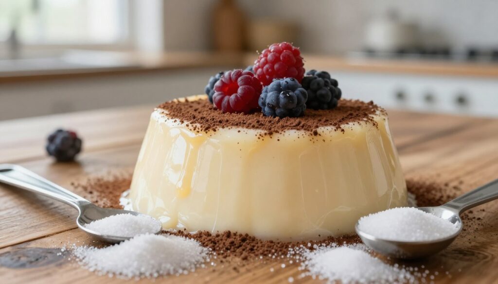 A close-up view of a creamy, delicious bowl of vanilla pudding topped with a sprinkle of cocoa powder and a few fresh berries, illustrating the sugar content in desserts. The foreground features a measuring spoon with sugar granules spilling out, to symbolize sugar content. In the middle, the pudding is artistically arranged, with a slight glisten suggesting sweetness. The background shows a rustic wooden kitchen table with soft, natural light coming from a window. The lens should have a shallow depth of field, blurring the edges slightly to focus on the pudding. The mood is warm and inviting, encouraging healthier eating choices without sacrificing flavor.
