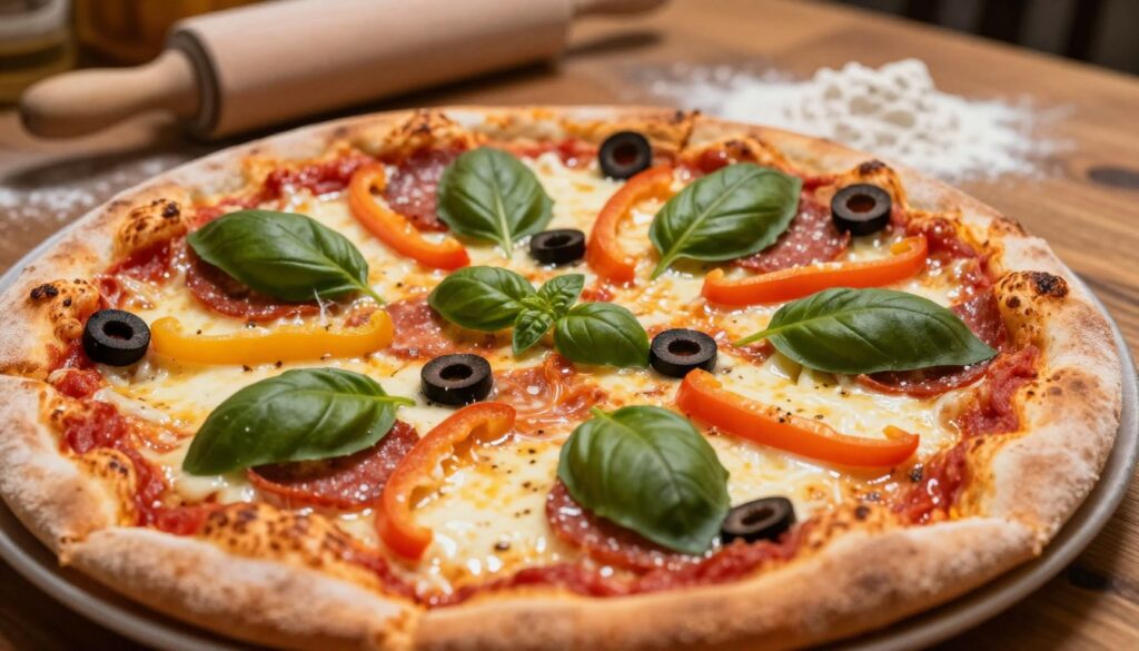 A close-up view of a freshly assembled pizza, showcasing vibrant tomato sauce spread evenly on a golden-brown crust. In the foreground, melted mozzarella cheese glistens under soft, warm lighting, highlighting its stringy texture. Various toppings are artfully arranged: bright green basil leaves, sliced black olives, colorful bell peppers, and spicy pepperoni, each adding a pop of color. The background features a rustic wooden table with a rolling pin and flour dust, enhancing the homemade theme. The atmosphere is warm and inviting, evoking the comfort of a home kitchen. The scene is sharply focused, shot from a slightly elevated angle to capture the pizza's delicious layers without clutter.