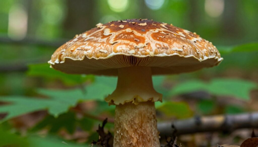 A close-up view of a "maślak pstry" mushroom, showcasing its characteristic cap and stem in vibrant detail. The cap should display its intricate patterns, featuring shades of brown, orange, and cream, with a slightly wavy edge. The stem should be sturdy and robust, with a smooth texture and a slightly bulbous base. The background set in a lush green forest, with soft, dappled sunlight filtering through the leaves, creating an inviting and natural atmosphere. The focus is sharp on the mushroom, using a macro lens perspective to highlight the unique features, while the background is softly blurred, emphasizing the subject. The overall mood is serene and earthy, emphasizing the beauty of nature.