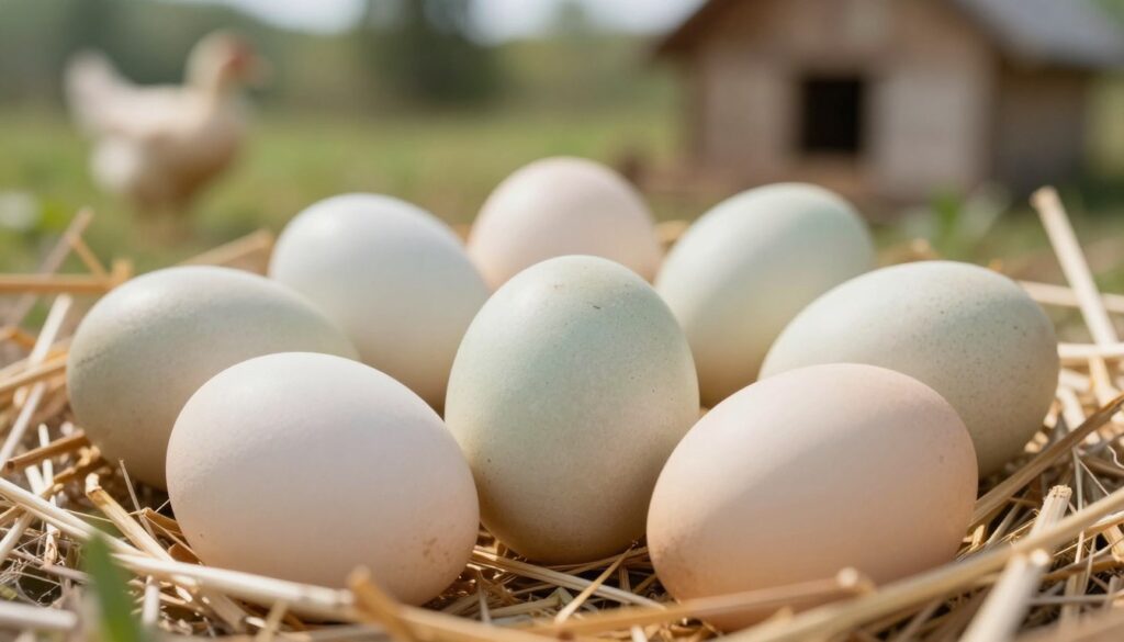 A close-up view of a natural, organic setting showcasing duck eggs nestled in a bed of soft straw, highlighting their unique shape and speckled shells. The foreground features several duck eggs in varying shades of pale green and cream, showcasing subtle textures and rustic imperfections. In the middle ground, hints of greenery and blurred outlines of a traditional henhouse can be seen, suggesting a serene farm environment. Soft, diffused sunlight filters through, casting gentle shadows and creating an inviting, warm ambiance. The background is softly blurred to maintain focus on the duck eggs, enhancing a sense of tranquility and highlighting the importance of hygiene and safety in egg handling. The image should evoke a mood of natural beauty and awareness of food safety practices.