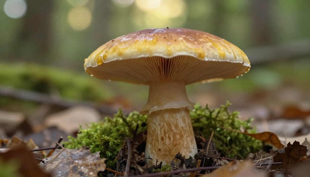 A close-up view of a piaskowiec modrzak mushroom, showcasing its unique cap with subtle color variations of yellow and brown, set against a natural forest floor background. The mushroom’s gills should be visible, and its stem is lightly textured, symbolizing its earthly habitat. In the foreground, include some fallen leaves and moss for added detail. The background features blurred greenery and soft sunlight filtering through the trees, creating a warm, inviting atmosphere. The image should be captured with a shallow depth of field to emphasize the mushroom while softly blurring the background. The overall mood is peaceful and earthy, perfect for an informative article about this edible fungus.